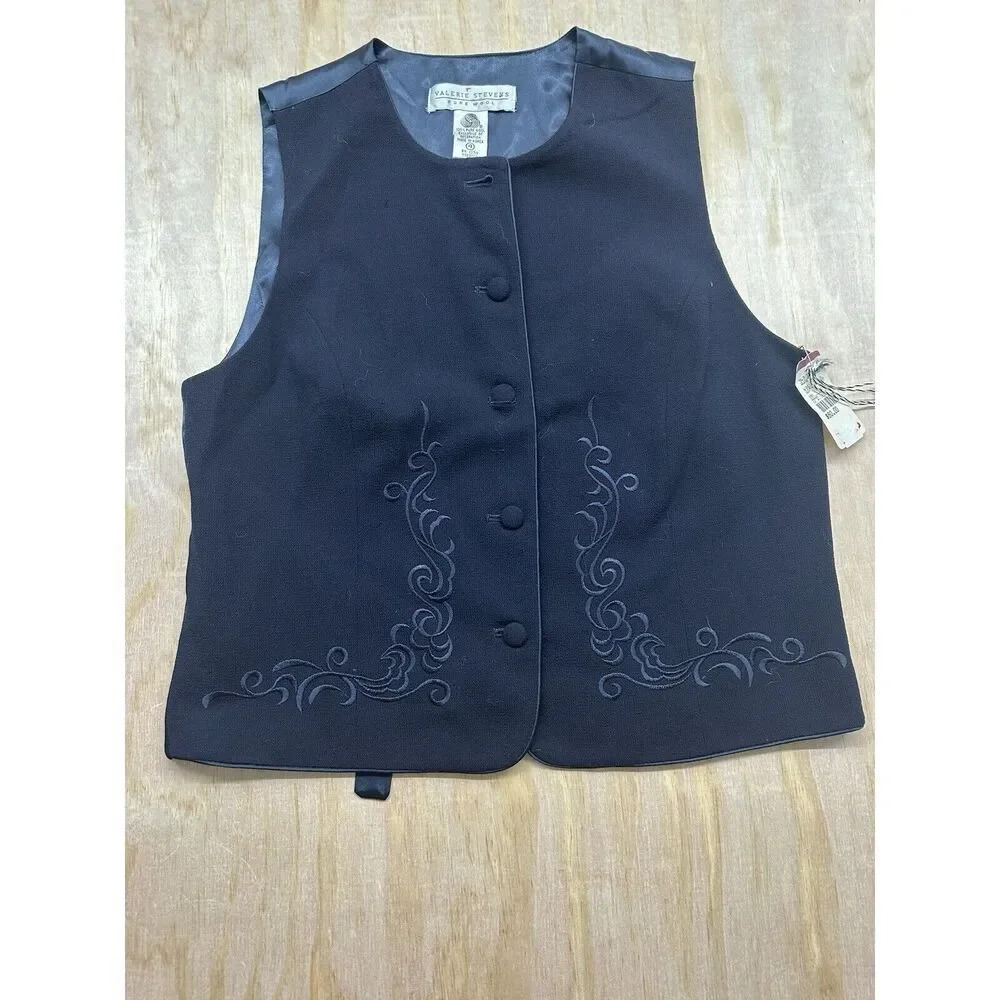 VTG Valerie Stevens Pure Wool Vest Navy Blue Embroidered Button Front Cinch NWT